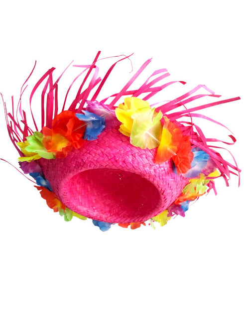 BookMyCostume Pink Goa Beach Hat for Women – Handmade Straw Hat with Artificial Flower Decoration | Hawaiian Style Sun Hat for Girls & Ladies | Fancy Dress & Beachwear Accessory